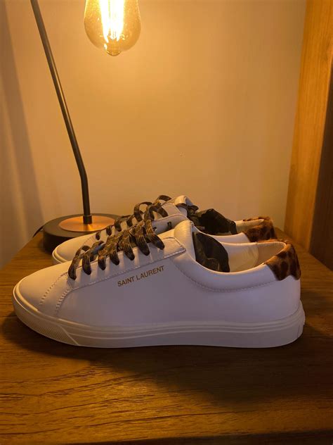 Saint Laurent White and Leopard Print Andy Sneakers.